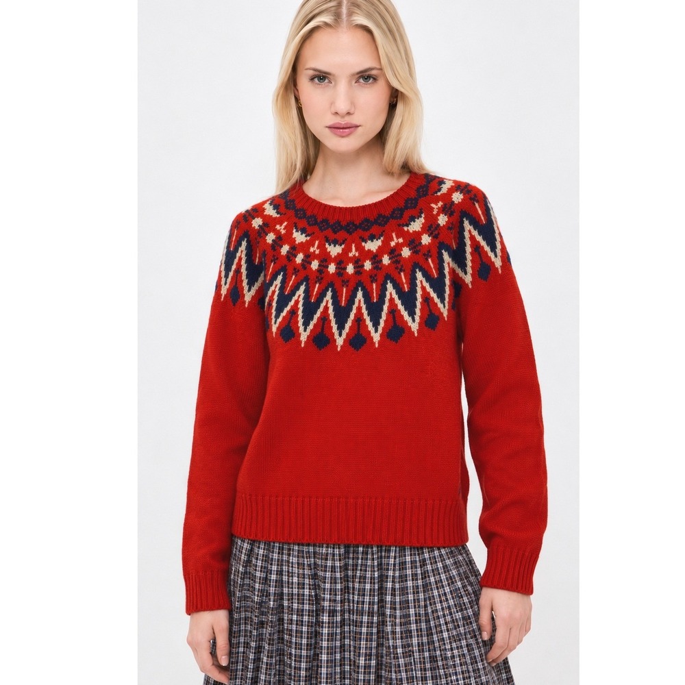 Vintage Ralph Lauren Rugby Red Fair Isle Merino Wool Angora Hand Knit Sweater M